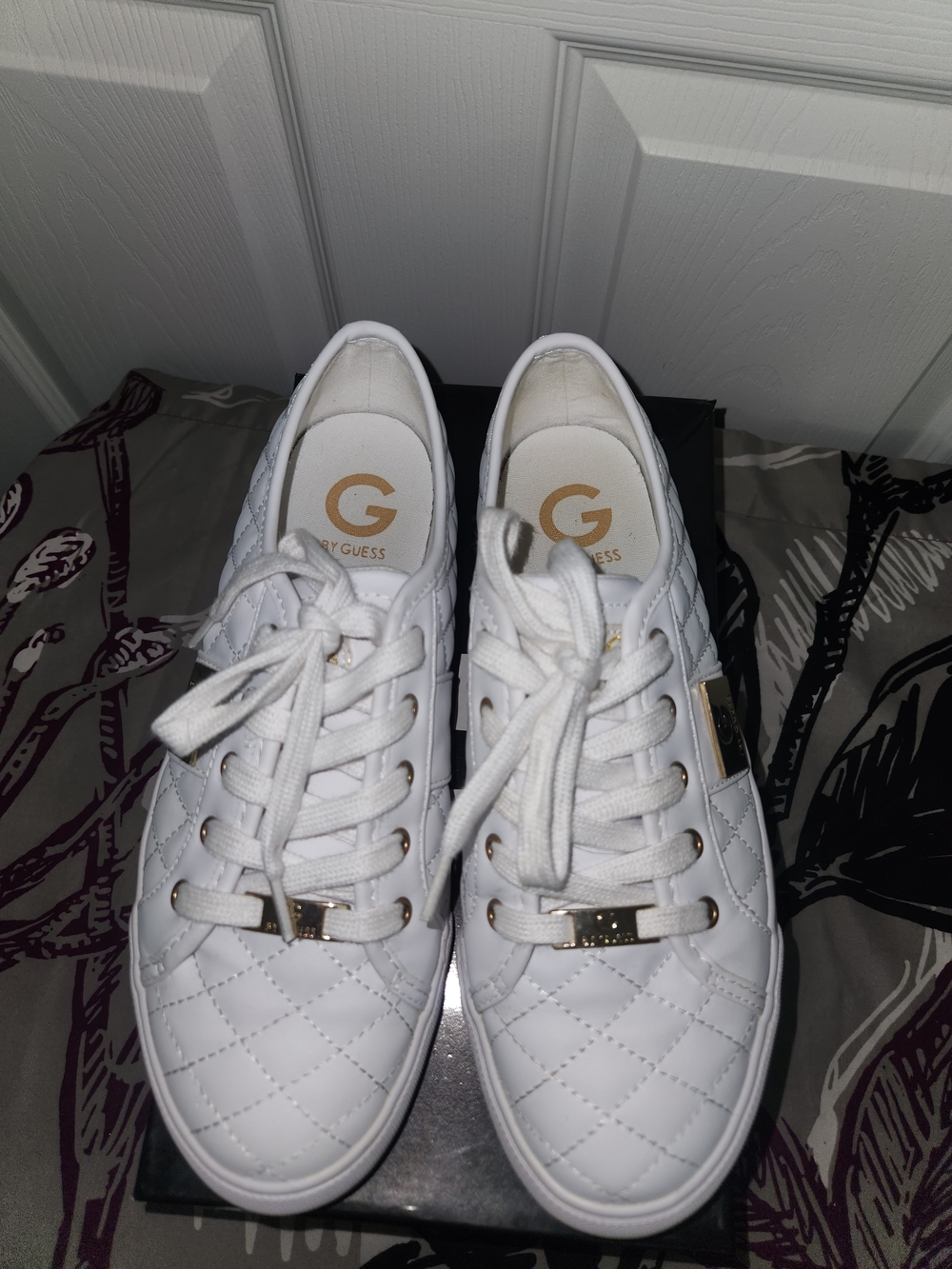 GUESS White Quilted Sneakers with Gold Accents